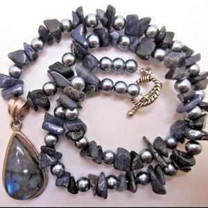 Sterling Labradorite Pendant on a gray pearl, amethyst & Lapis strand Necklace.